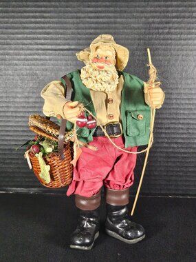 Traditions Fabric Mache Fishing Santa Claus Figurine With Fishing Basket & Rod